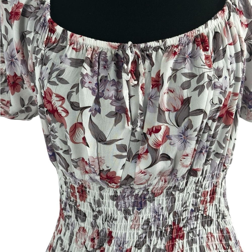 Floral Smocked Waist Maxi Dress in White with Red & Purple Flowers Prairie - Picture 2 of 15